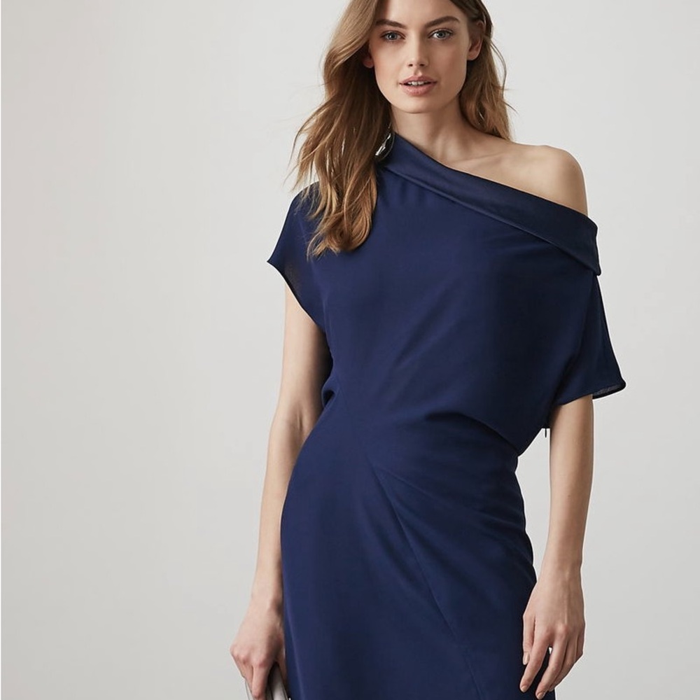 Reiss Camilla One Shoulder Asymmetric Navy Dress Size 6